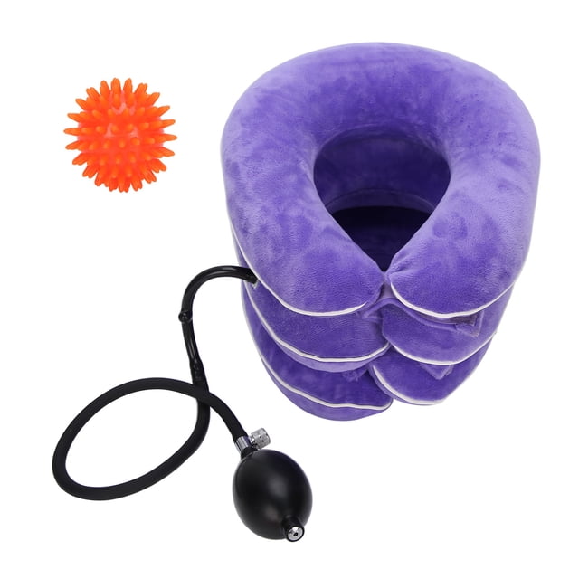Collar cervical inflable para el hogar, dispositivo de tracción para el cuello, soporte para tractor con bola de masaje, color morado