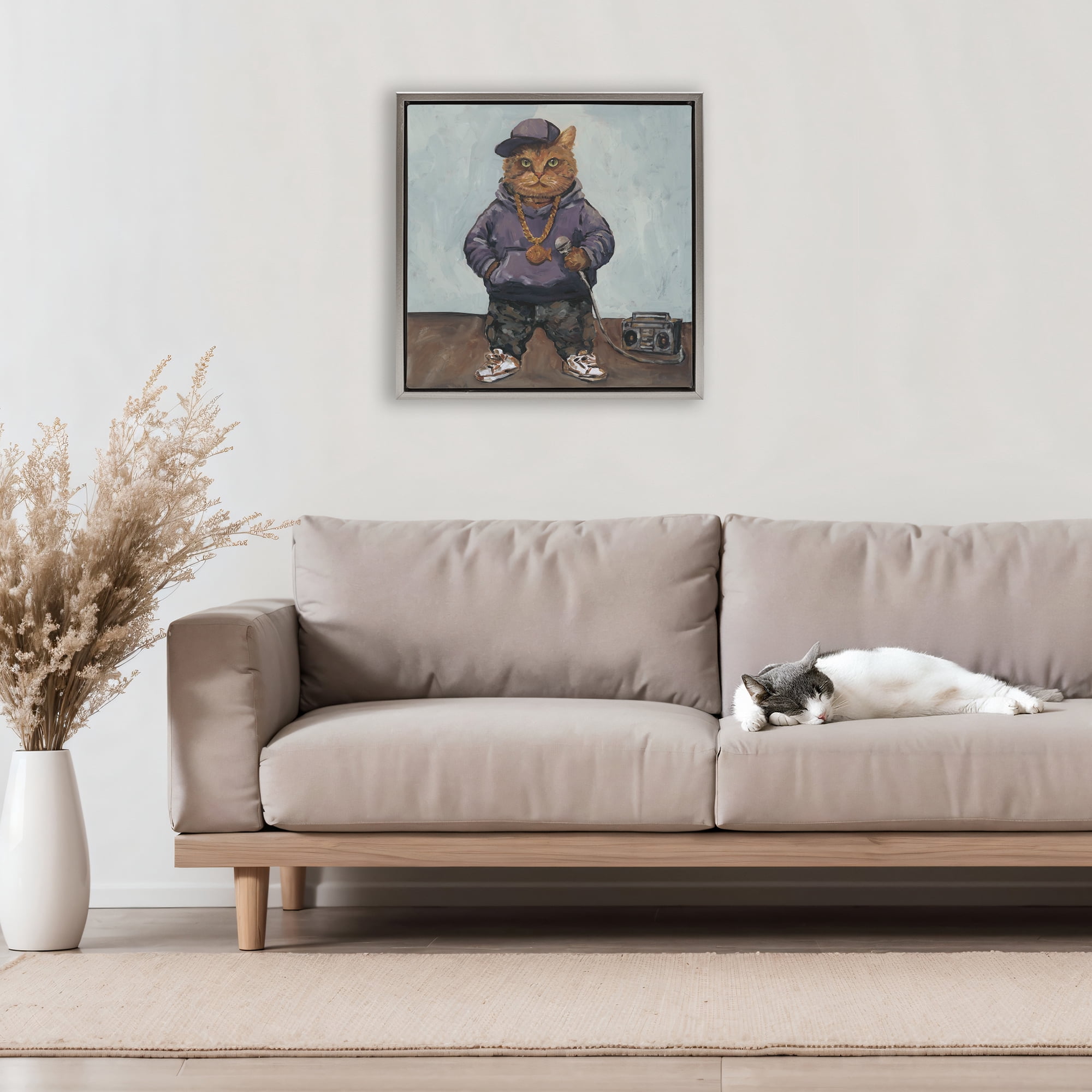 Stupell Industries Urban Hip-Hop Cat Gray Framed Floater Canvas Wall Art, design by Studio Bautista