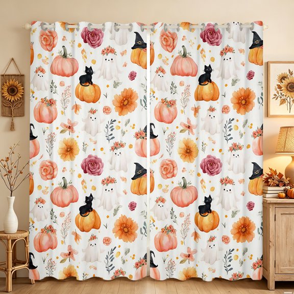 Erosebridal Cat Pumpkin Blackout Curtains, Sunflower Leaf Window Curtains Pack of 2 (38x45 Each), White Peach