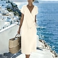 thumbnail image 5 of Women's Solid Color Wrap V Neck Midi Dress Short Sleeve Tie Waist Casual Vacation Dress with Pockets Beige M(M), 5 of 7