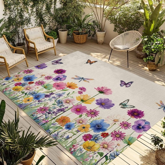 Vintage Flowers Outdoor Rug for Patio/Deck/Porch, Non-Slip Large Area Rug 6 x 9 Ft, Watercolor Butterfly Dragonfly Daisy Beige Indoor Outdoor Rugs Washable Area Rugs, Camping Rug Carpet Runner