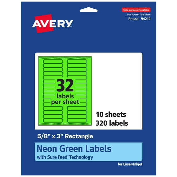 Avery Printable Rectangle Labels, Neon Green, 5/8" x 3", 320ct