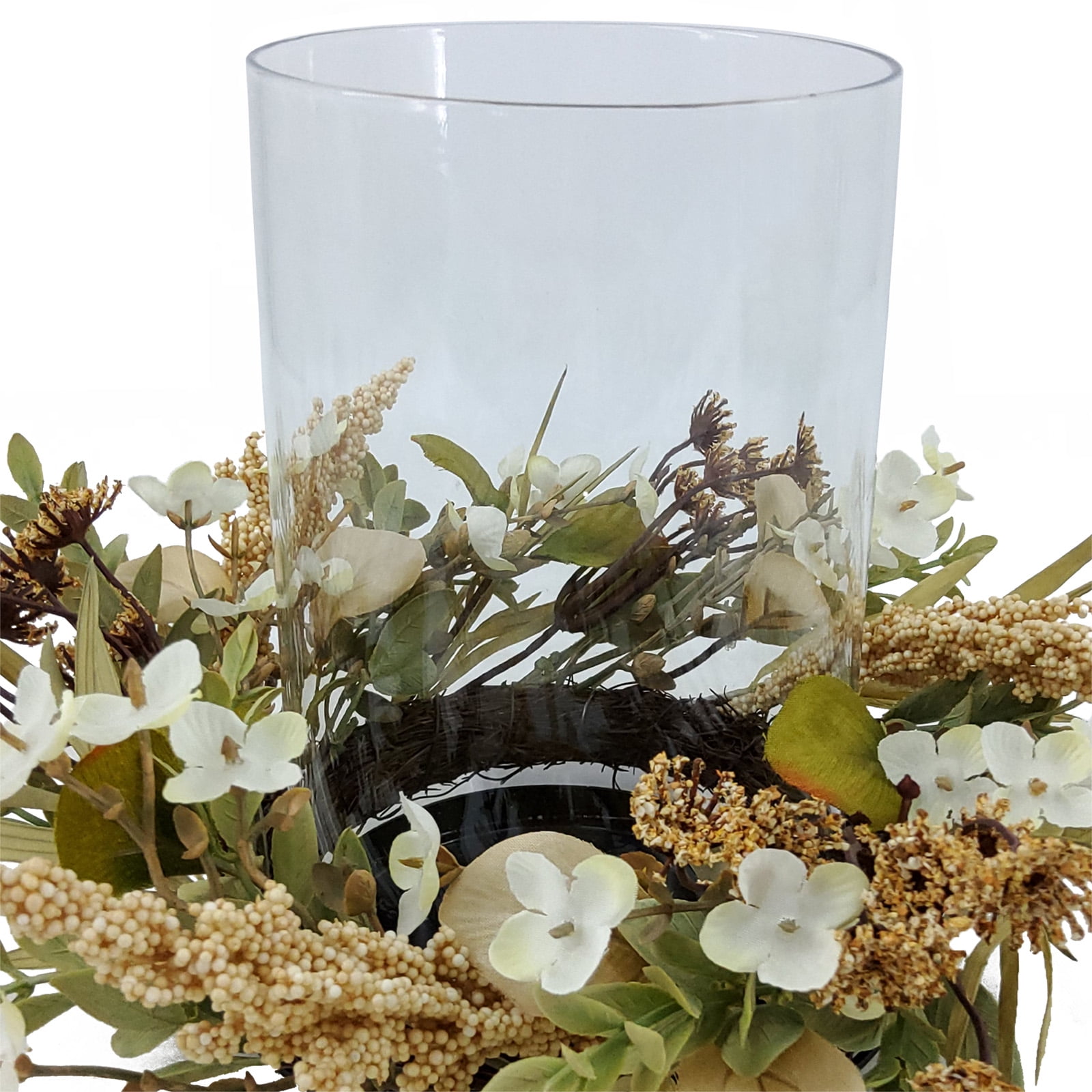 Mainstays Indoor Decorative Hurricane Pillar Candle Holder with Faux Florals, 8 Inch