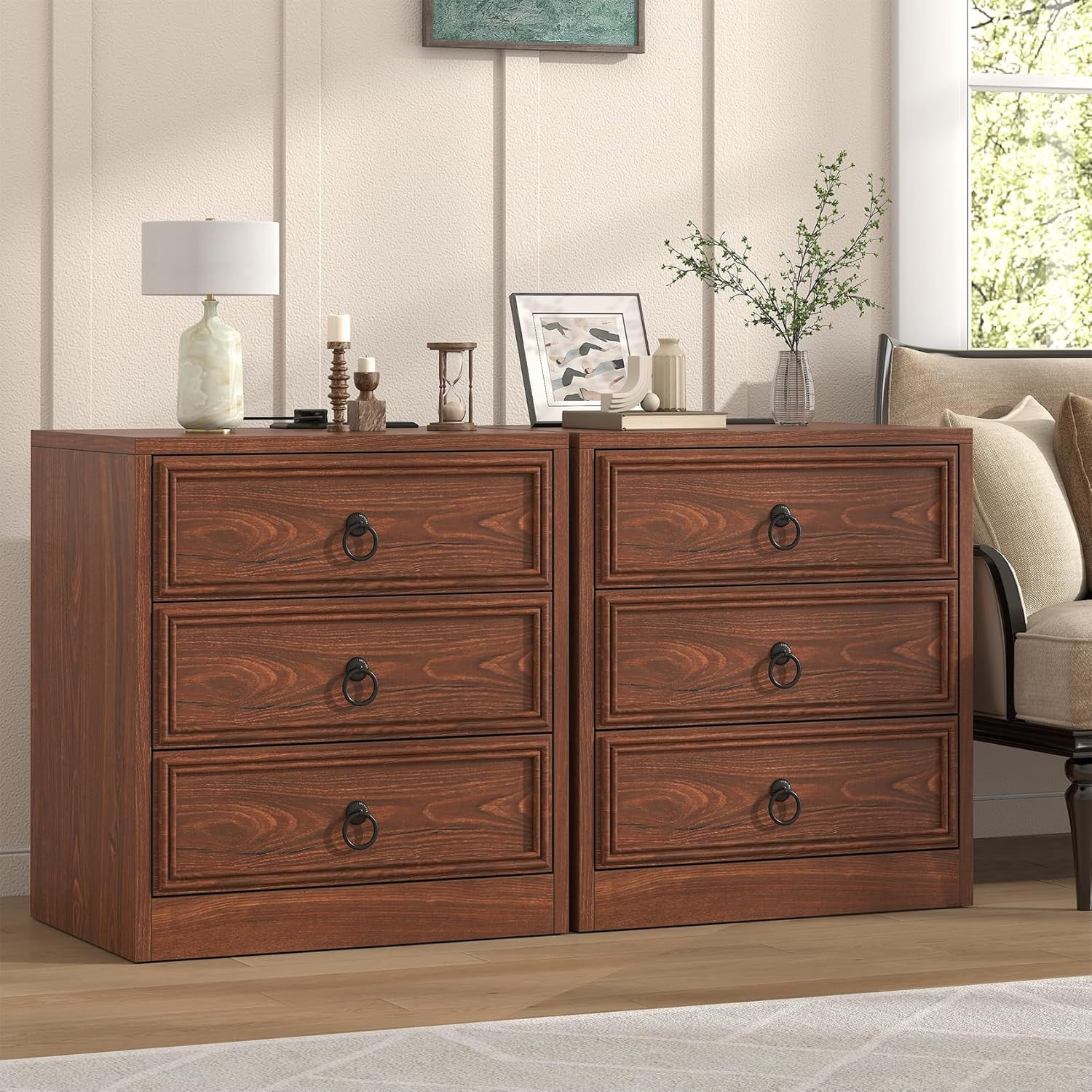 Winkalon 3 Drawers Farmhouse Nightstand with Charging Station, Rustic Bedside Tbale with Drawers for Bedroom, Vintage End Table for Bedroom Living Room, Cherry
