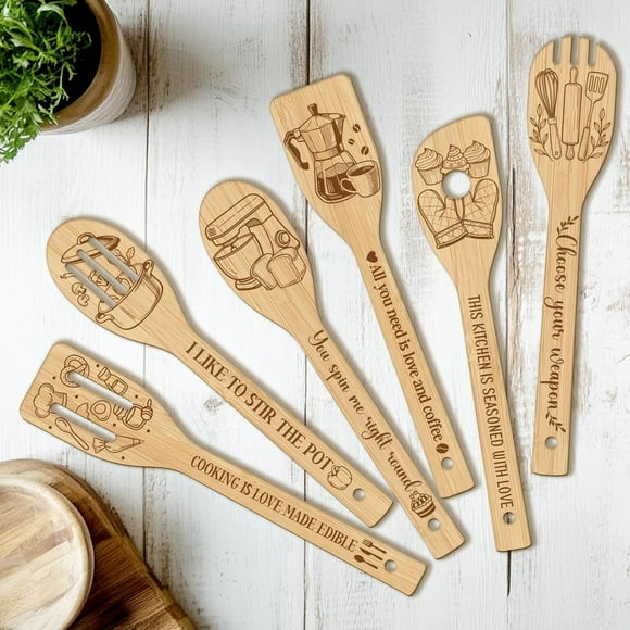 6PCS Kitchen Tool Wooden Kitchen Cooking Utensil Set Non Toxic Bamboo Wood Spoon Set for Cooking Best Housewarming Birthday Thanksgiving Christmas Gift for Women Mother