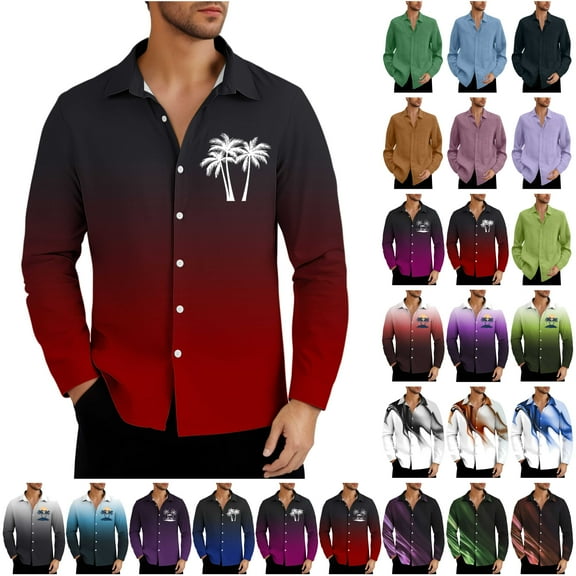 BiZtdJrK Clearance Sale Men's Hawaiian Long Sleeve Shirts Summer Casual Linen Button Down Shirt Fashion Palm Trees Print Blouse Tropical Holiday Beach Tops Blue M
