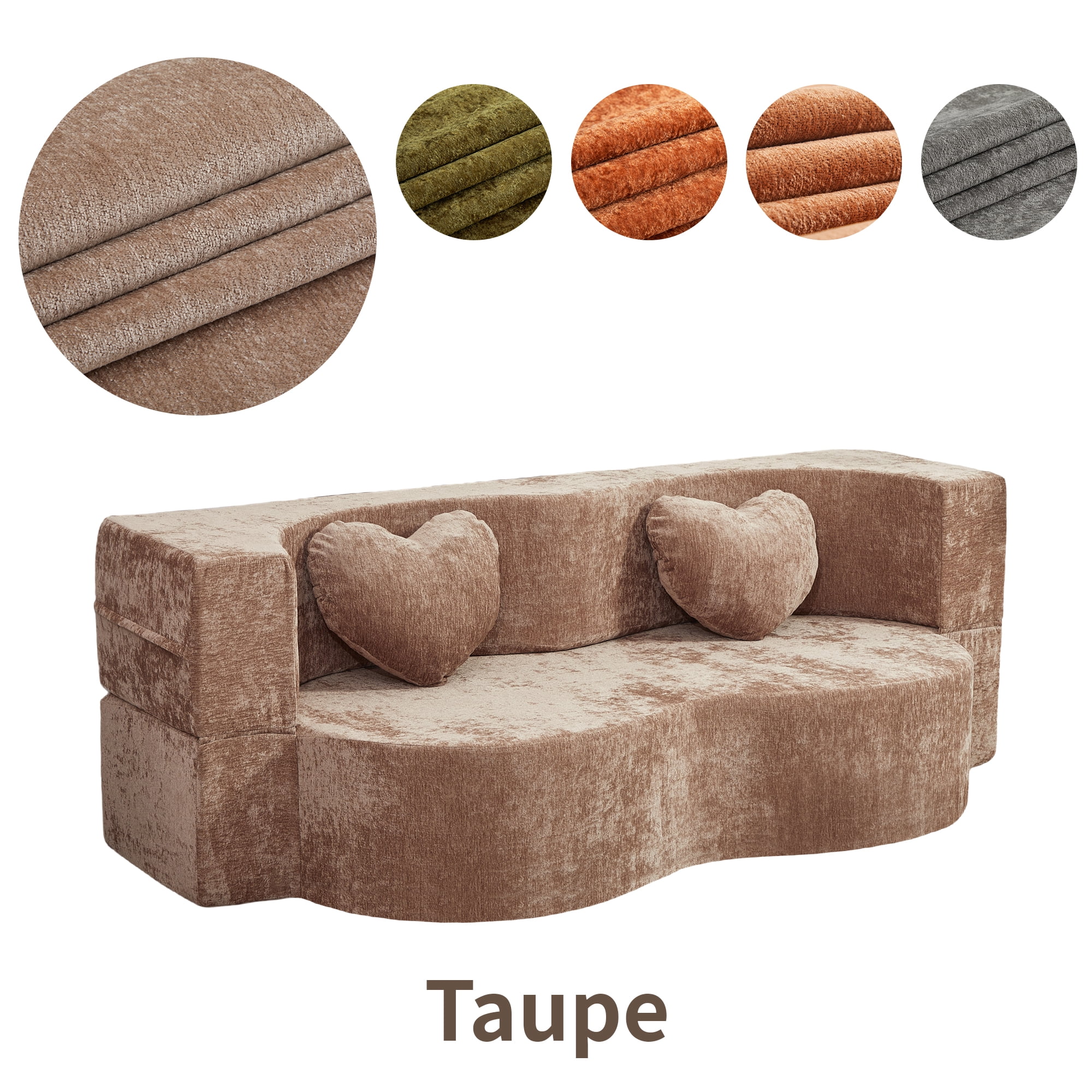 78.74"W Heart-Shaped Convertible Sofa,Floor Couch,Sleeper Sofa Bed,No Assembly High-Density Sponge Loveseat with 2 Heart Pillows for Living Room, Apartment,Warm Taupe