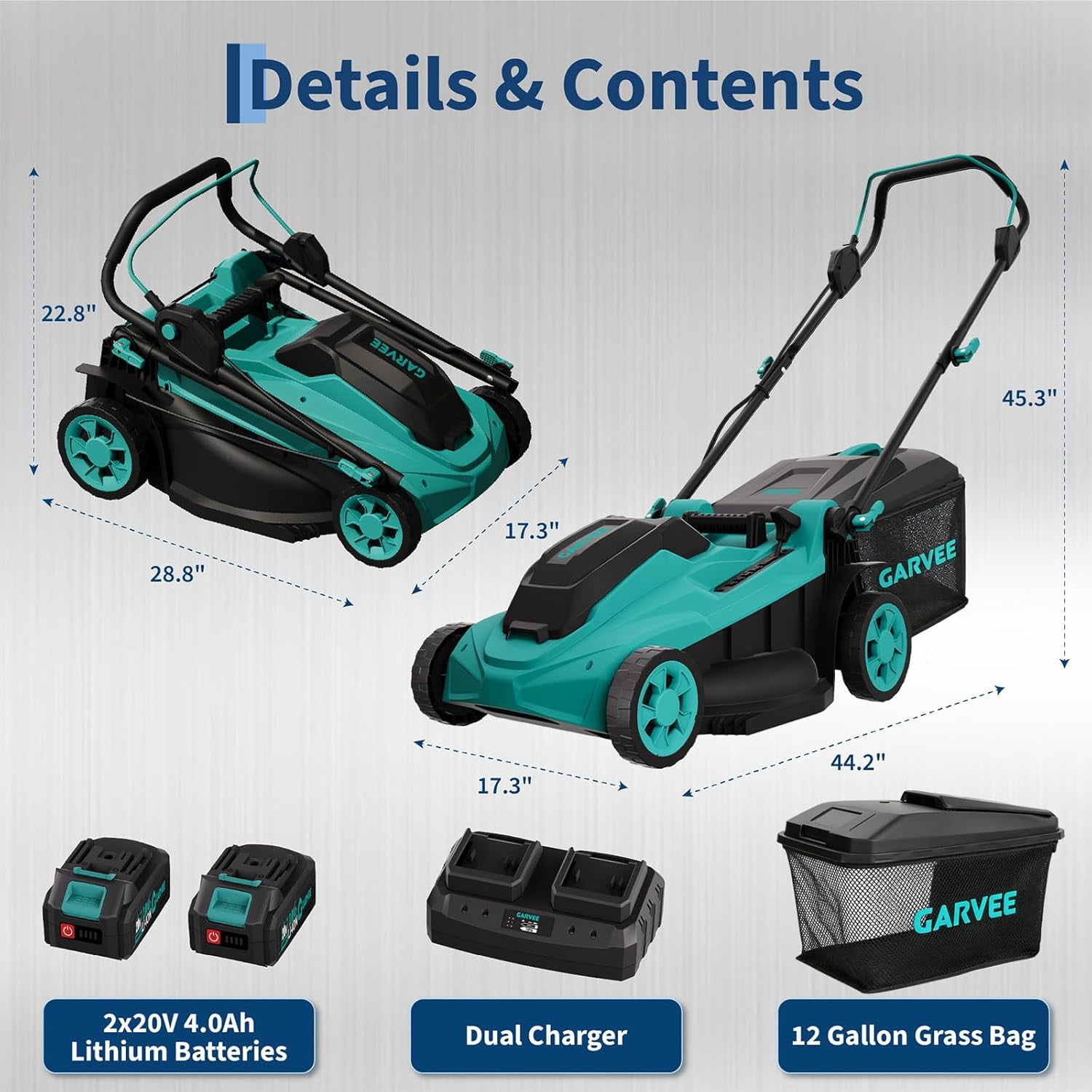 17" Cord-Free Electric Lawn Mower, 2x20V 4.0Ah Batteries - Brushless Motor - 2-in-1 Bagging & Mulching - Walk-Behind Push Mower with Charger