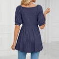 thumbnail image 5 of Women Summer Loose Top Mid Length Puff Sleeve V Neck Ruffle Hem Blouse for Female Navy Blue S, 5 of 7