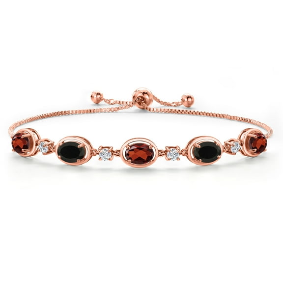 Gem Stone King 18K Rose Gold Plated Silver Red Garnet and Black Onyx Bracelet for Women | 4.01 Cttw | Gemstone January Birthstone | Oval 7X5MM | Fully Adjustable 9 inch