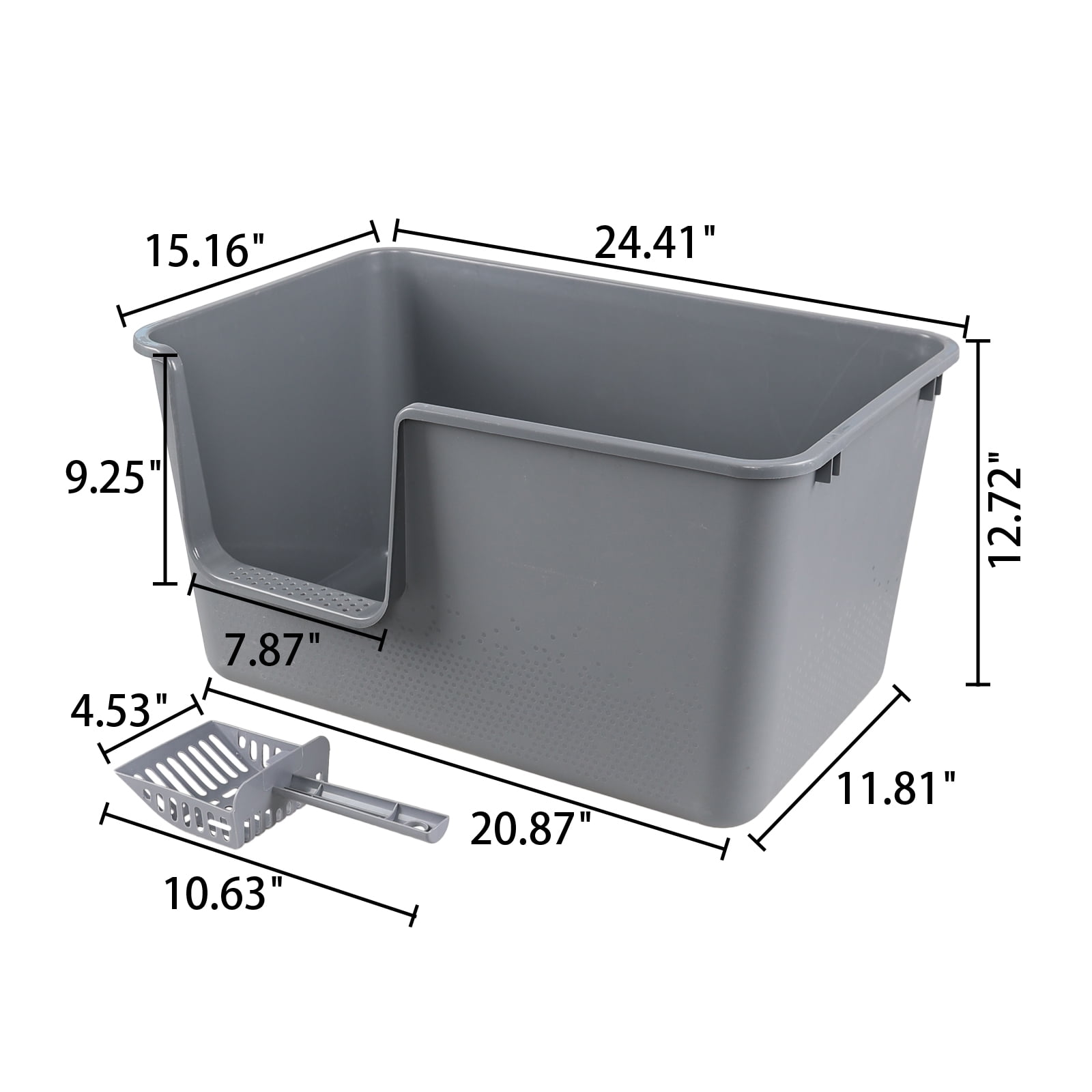 Hespama Plastic High Side Cat Litter Boxes with Scoopers, 2 Pack Large Gray Open Top Litter Trays