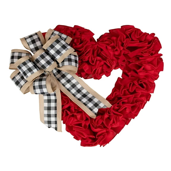 Sunshinehomely Valentines Day Heart Wreath, 15.75 inch Heart Shaped Wreath with Black and White Buffalo Plaid Bow, Valentines Wreaths for Front Door Wedding Anniversary Party Valentines Day Decor