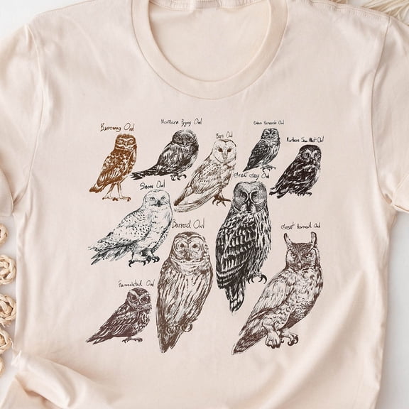 Vintage Owl Print Graphic T-Shirt: Birdwatching, Nature Wildlife Tee SAND Unisex S-5XL Hot Trending Shirt, Vintage Birthday Gift
