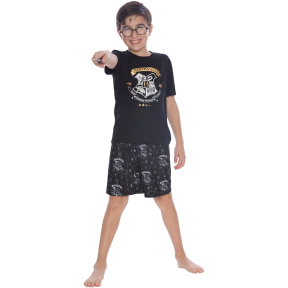 Harry Potter Boys' Pajama Hogwarts Castle Wizard Crest 2 Piece Short Sleeve Shirt and Shorts Lounge Sleep Set