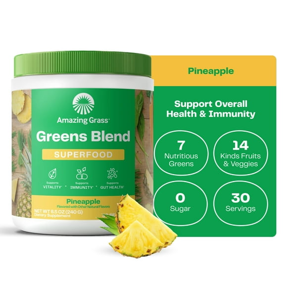 Amazing Grass Greens Blend Superfood: Greens Powder Mix for Vitality, with Organic Spirulina, Chlorella, Beet Root Powder, Digestive Enzymes & Probiotics, Pineapple, 30 Servings (Packaging May Vary)