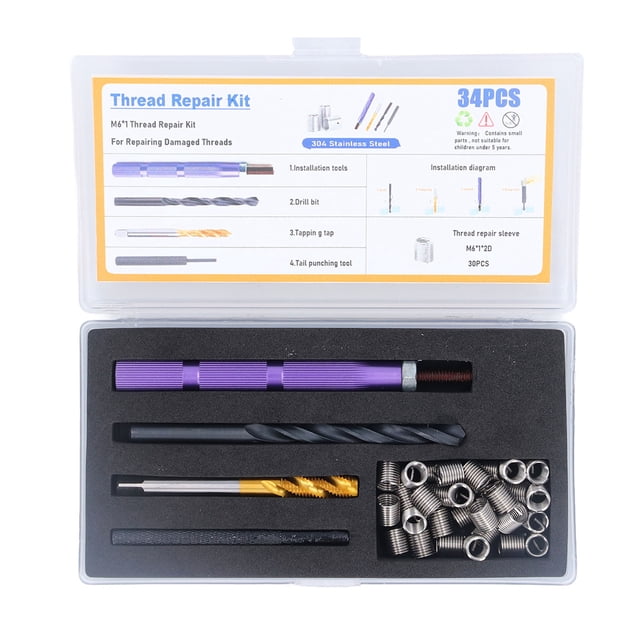 Uadme Kits de Reparación de Roscas, Juego de 34 Piezas Kit de Reparación de Roscas Métricas Kit de Instalación de Reparación de Roscas de Acero Inoxidable 304