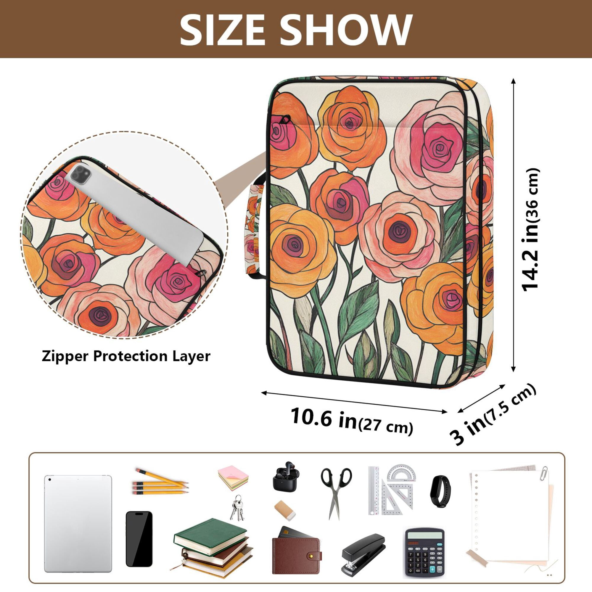 FORMRS Accordion File Folder A4 Size 7-Pocket Expanding Document Organizer Bag with 3 Ring Binder, Hand Drawn Floral