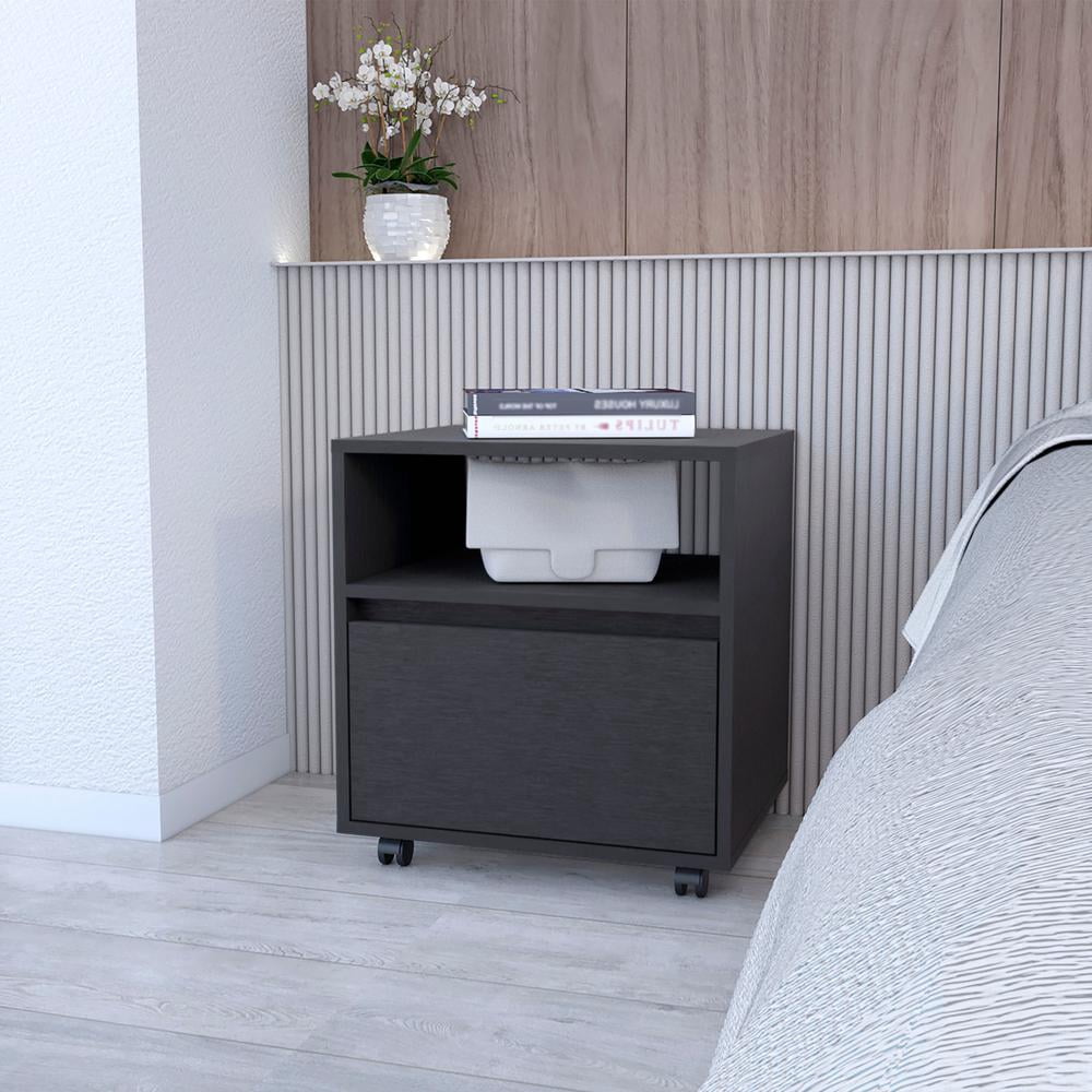 HomeRoots 518168 21 in. One Drawer Nightstand with Integrated Tech, Black