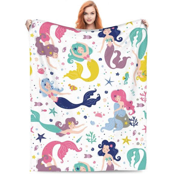 Cute Mermaid Blanket for Girls Childish Pattern Mermaid Tail Blanket for Mermaid Lovers Valentines Day Decorations Soft Warm Blankets for Bed Sofa Mermaid Room Decor 60x50 Inch