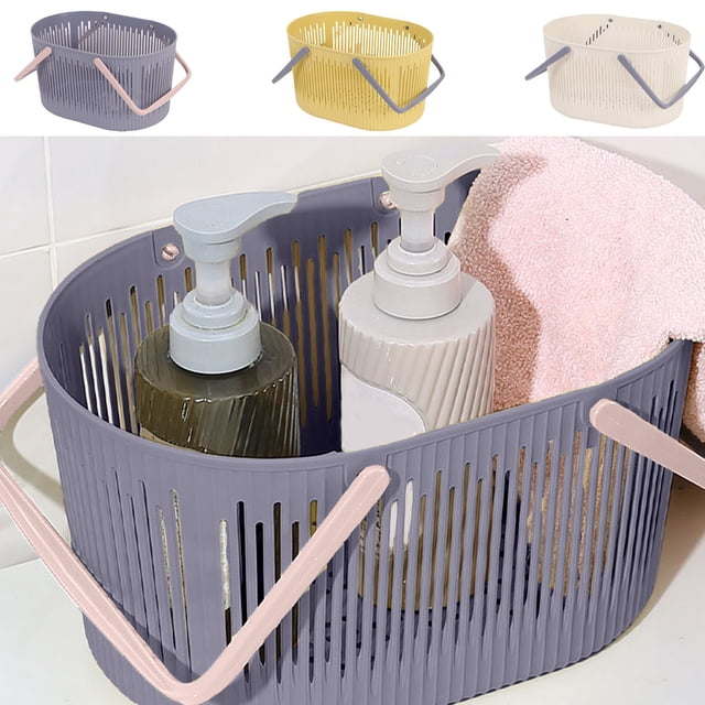 Organizador de cestas de baño de plástico | Contenedor rectangular de almacenamiento manual con asa de bloque de color – Gran capacidad, agujeros de drenaje | Blanco, amarillo | 11x7,8x6,3 pulgadas