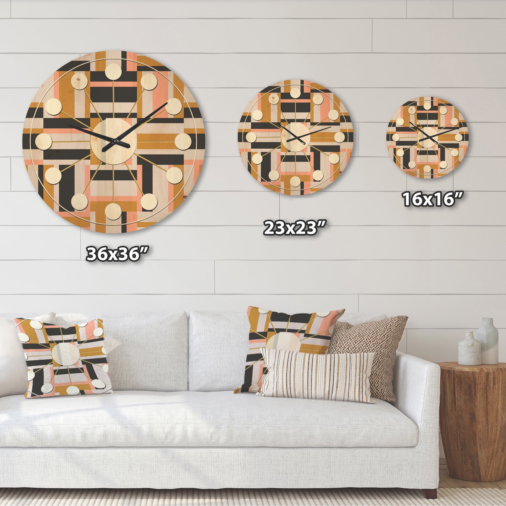 Designart 'Abstract Retro Geometric Pattern Design IX' Mid-Century Modern Wood Wall Clock