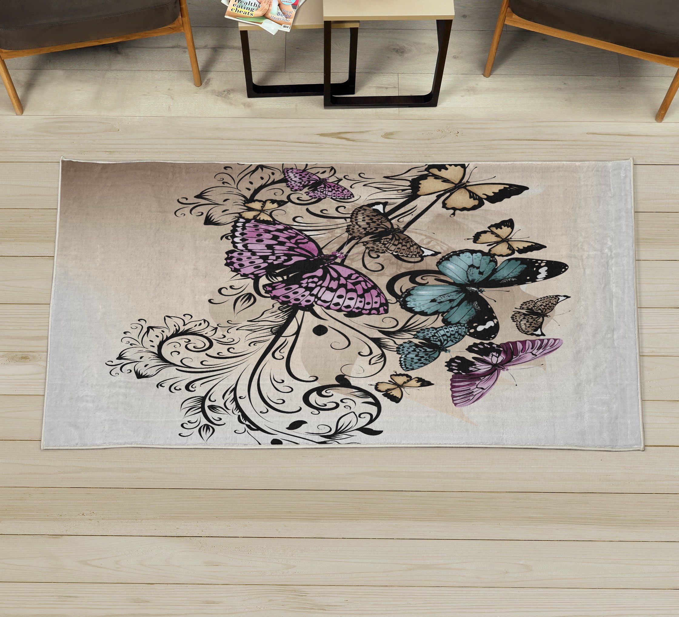 Butterfly Decorative Rug, Monarch Butterflies Vintage Damask Inspired ...