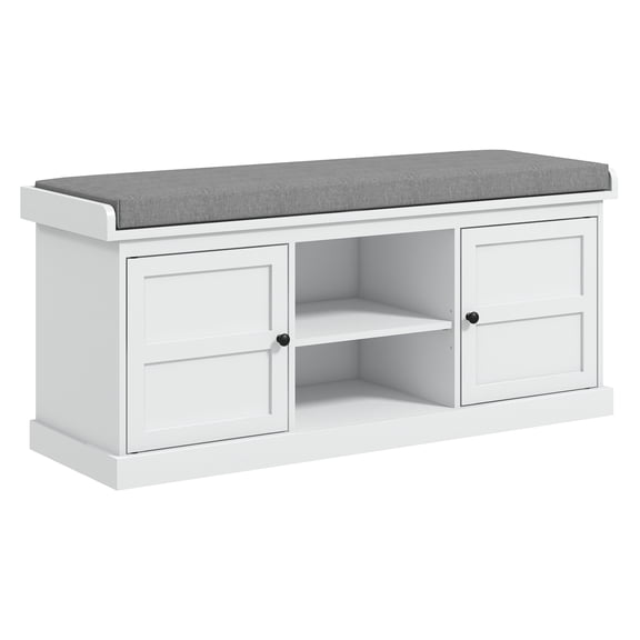 Shoe Storage Bench with Cushion, Entryway Bench with 2 Cabinets & Adjustable Shelf, White