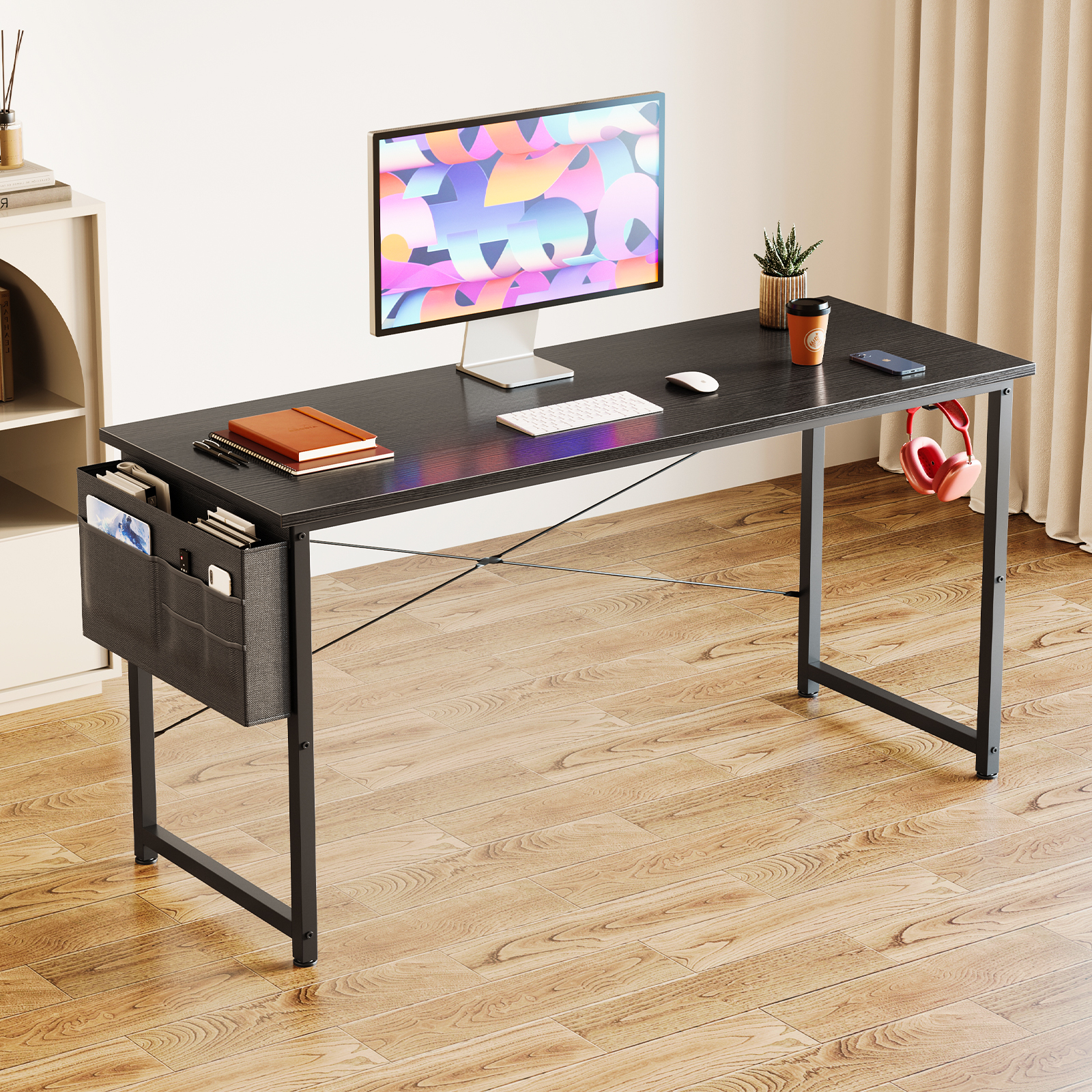 63 inch Computer Desk with Storage Bag, Modern Simple Style Desk for Home Office, Large Study Student Writing Desk, Black - image 2 of 5
