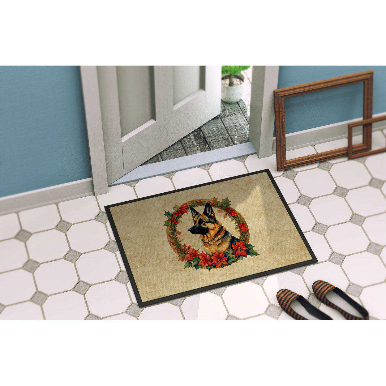 Carolines Treasures DAC2367MAT 18 x 27 in. Unisex German Shepherd Christmas Flowers Doormat