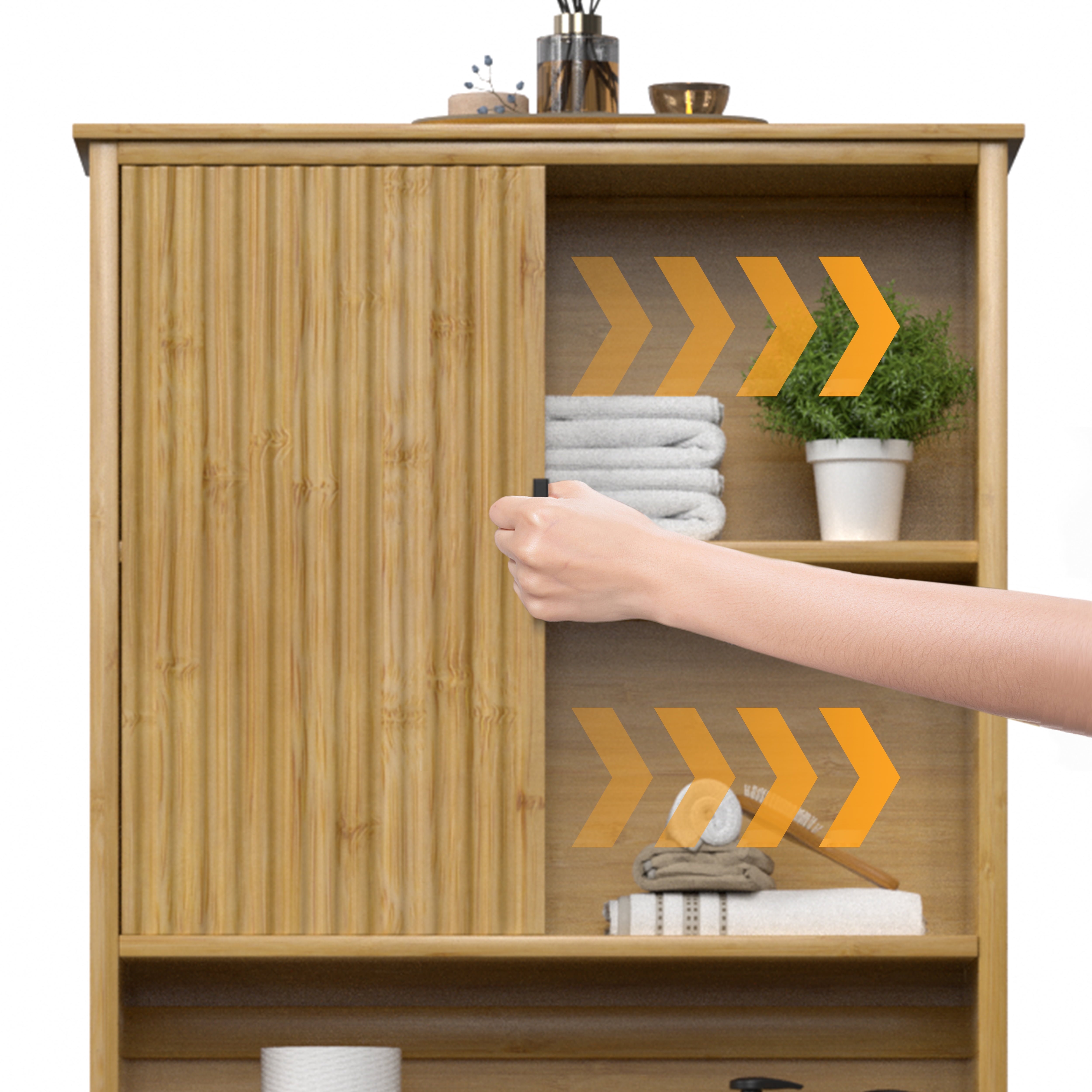 VEIKOUS Bamboo Fluted Over-The-Toilet Storage Cabinet Space Saving Bathroom Organizer w/ Shelves and Cupboard, Natural