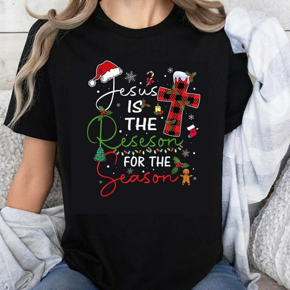 100% Cotton Jesus Is The Reason For The Season Christmas Cross T-Shirt Holiday Christian Christmas Shirt Women Men Xmas Top