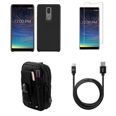 Bemz Accessory Bundle Compatible with Coolpad Legacy 2019: Dual Barrier Series Case (Black), Glass Screen Protector, Travel Organizer Pouch, Extra Long Braided USB Type-C Cable (10