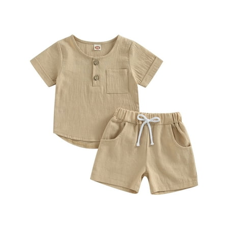 

Musuos 2Pcs Baby Boy Button Down Pocket T-shirt Tops Drawstring Elastic Shorts