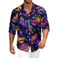 thumbnail image 2 of LNZGNM Mens Mardi Gras Carnival Shirt Lapel Printed Button Up Shirts Big and Tall Long Sleeve T-Shirt Novelty Winter Top,Purple L, 2 of 6