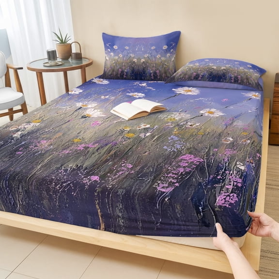 Twin XL Size Fitted Sheet Set - Spring Floral 2 Piece Bedding Sets 16" Deep Pocket Fitted Sheet with 1 Pillowcases, Pastoral Flowers Oil Painting Modern Art Purple Brushed Microfiber Hotel Bed Sheets
