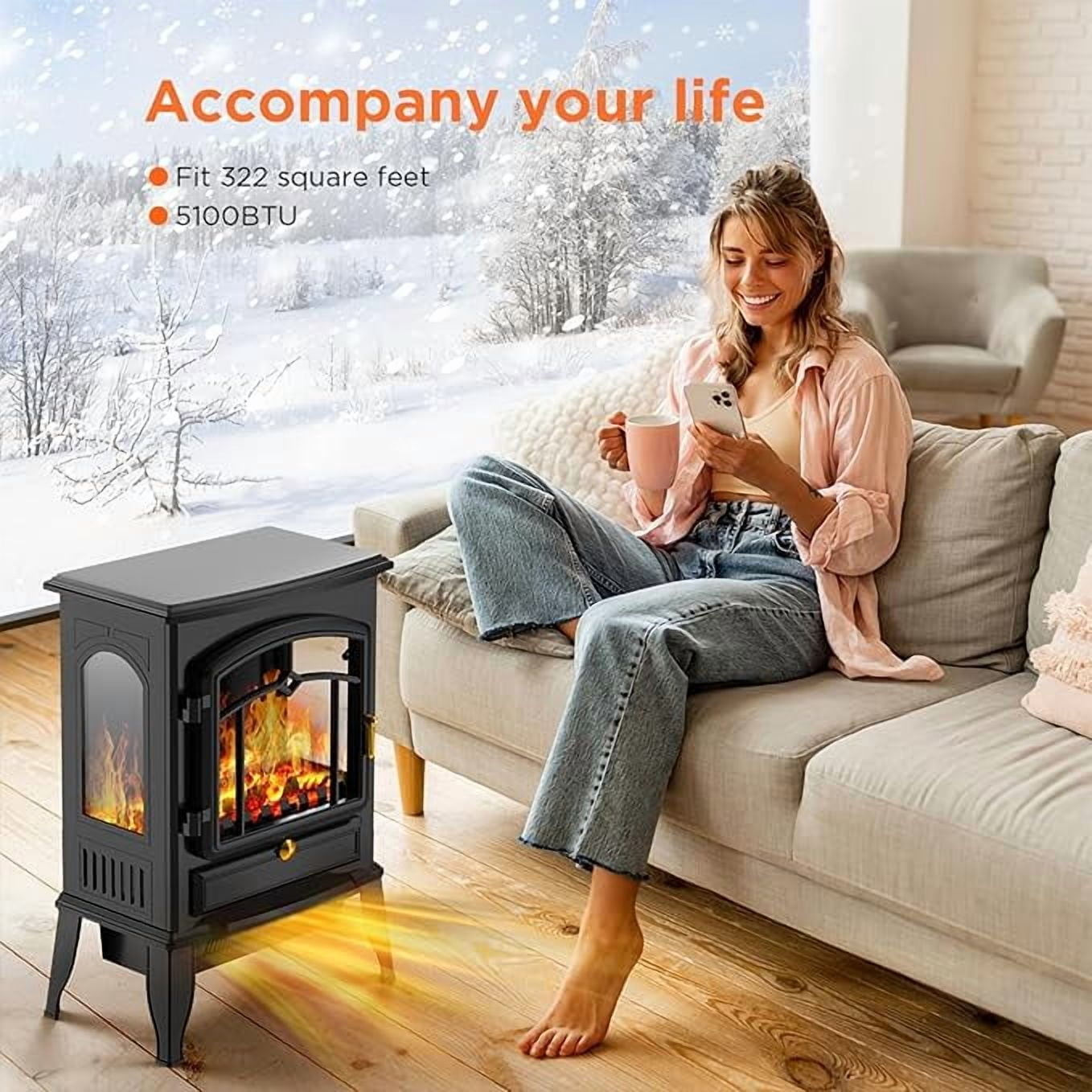 Moifoi 22" Electric Fireplace Heater,Freestanding Electric Stove 3D Realistic Flames,1000/1500W Fireplace Heater Adjustable Flame Brightness,Black