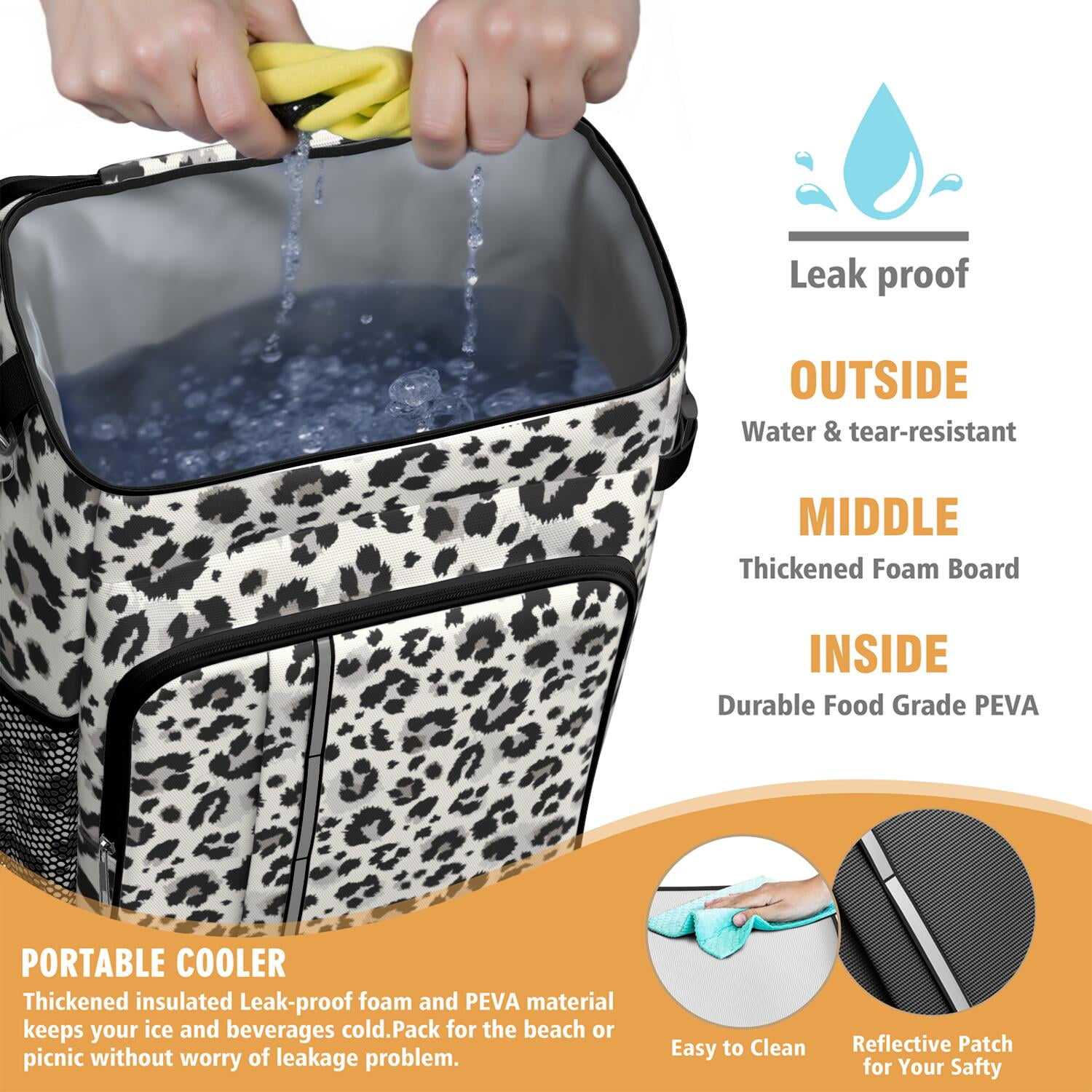 Travel Cooler Bag - Black and White Leopard Pattern Camping Beer Cooler Backpack with Bottle Opener- Waterproof Insulated Picnic Backpacks - Cooler Bag for Beach