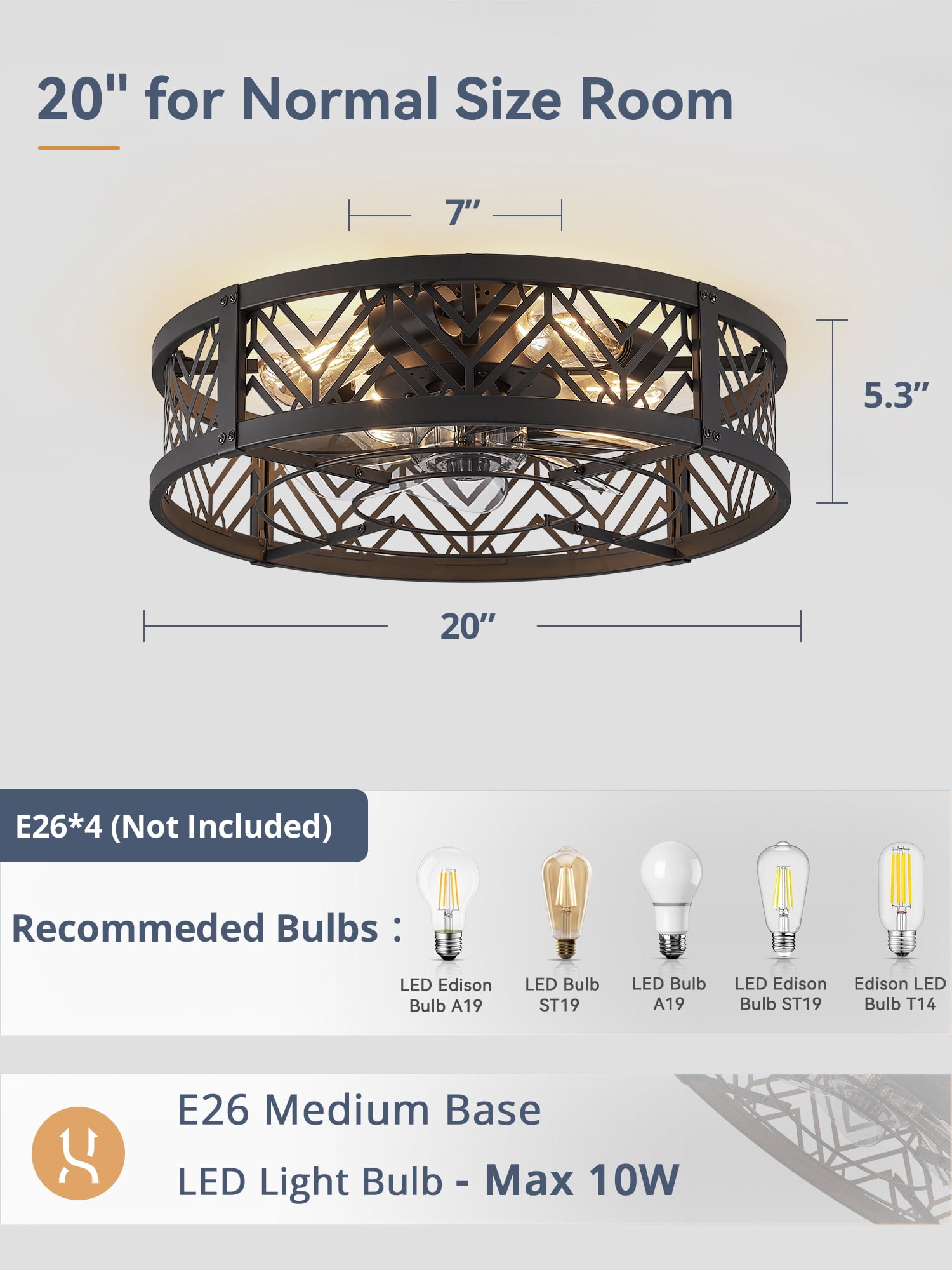 Lokivas 20in Bladeless Caged Ceiling Fan with Light, 6 Speeds Quiet Motor, App & Remote Control