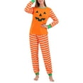 thumbnail image 1 of Argulvti Ensemble de Pyjamas Assortis pour la Famille, Haut à Manches Longues à Col Rond à Rayures d'Halloween avec Imprimé Citrouille + Pantalon Long pour Parents et Enfants, 1 of 9
