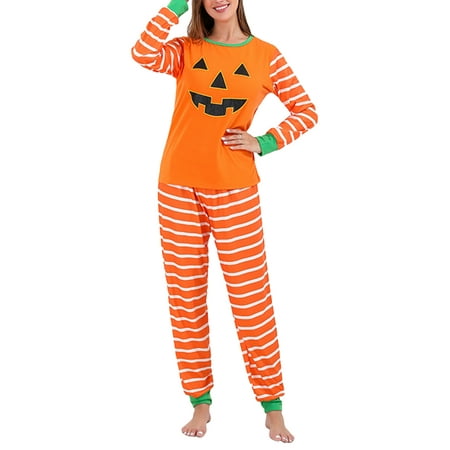 

Amuver Family Matching Pajamas Set Halloween Stripe Pumpkin Print Round Neck Long Sleeve Tops+ Long Pants for Parents Kids