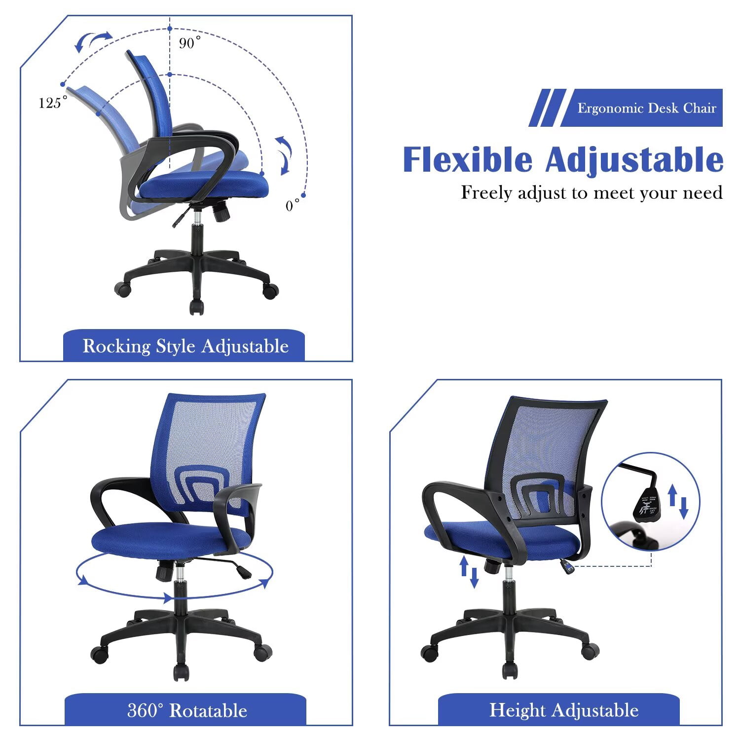 YRLLENSDAN,Ergonomic Office Chair,Home Office Desk Chairs,Swivel Desk Chair,with Handrails,Adjustable Height,Suitable for Offices and Bedrooms,Blue