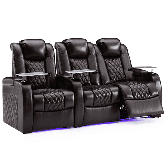 Weilianda Home Theater Seating Top Grain Nappa Leather Recliner Chair Dual Power Movie Gaming Sofa Electric Headrest with Tray Table Type-C USB Charge Cup Holders (Row of 3 Loveseat Left)