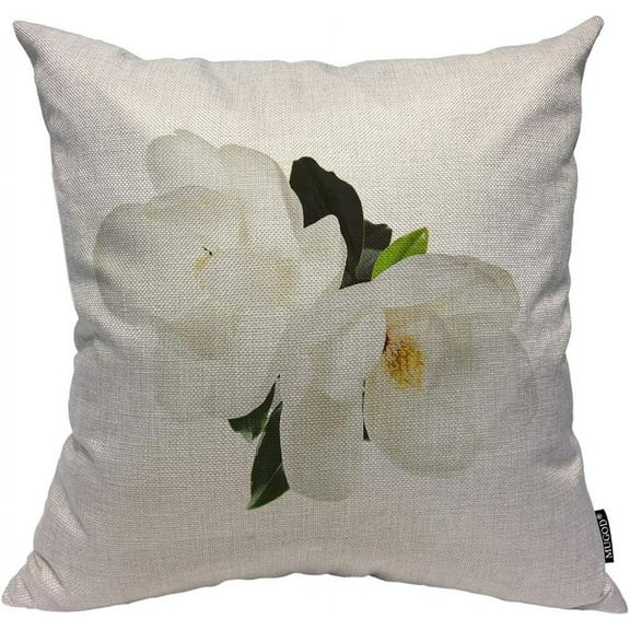 Magnolia Flower Decorative Pillow Case White Magnolias Floral Green Leaf Chaste Elegant Throw Pillow Cover Home Decor Cotton Linen Square Cushion Cover for Couch Bed Sofa 18X18 Inch