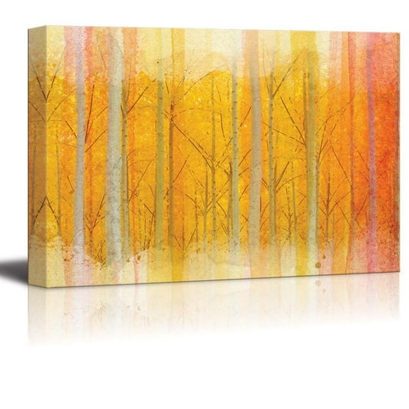 wall26 Watercolored Field of Birch Trees on an Orange and Yellow Background - Canvas Art Home Art - 12x18 inches