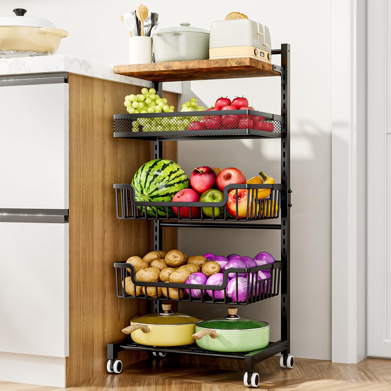 5 Tier Fruit Basket Kitchen Storage Cart, Adjustable Fruit and Vegetable Basket, Wooden Top Table Fruit Rack, Snack Cart with Wheels, Metal Mesh and Wire Storage Basket for Onions and Potatoes