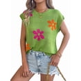 thumbnail image 3 of Women'S Cap Sleeve Floral Short Sleeve Sweater Crew Neck Casual Knit Pullover Tops Green M, 3 of 10