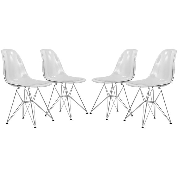 LeisureMod Dining Chair in Acrylic with Chrome Eiffel Base and Curved Back Design Lightweight Easy Assembly for Modern Home, Kitchen, Cafes Cresco Collection Set of 4 Clear