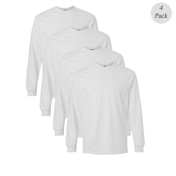 Gildan Ultra Cotton Long Sleeve T-Shirt for Men, Crew Neck Casual Comfort Bulk Tee, Ash, 4-Pack, S