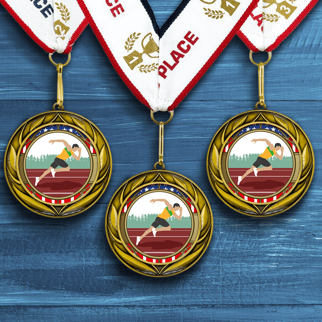 All Quality Wreath Design Track and Field Medal (Male) | Competition | High Quality Metal Medal - 1st, 2nd, 3rd Place - 15 Piece Set (5 Pack)