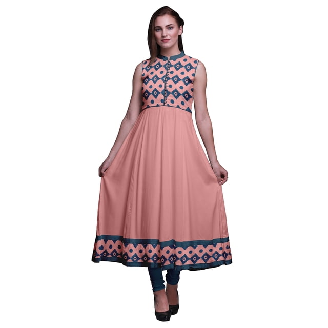 Bimba Robe Anarkali Géométrique Pêche pour Femmes Kurti Imprimé Ethnique Indien Longue Kurta Robe de Soirée Grande